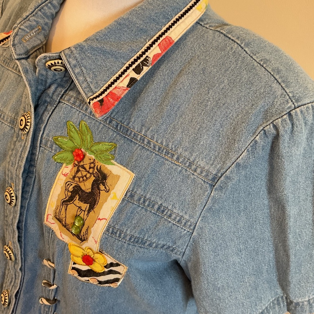 Nicole Bolin City Girl Denim Shirt Size 14 Embroidered Patches Made in USA - Picture 7 of 9